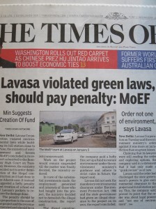 Lavasa on the cover of The Times of India (on our first day there)